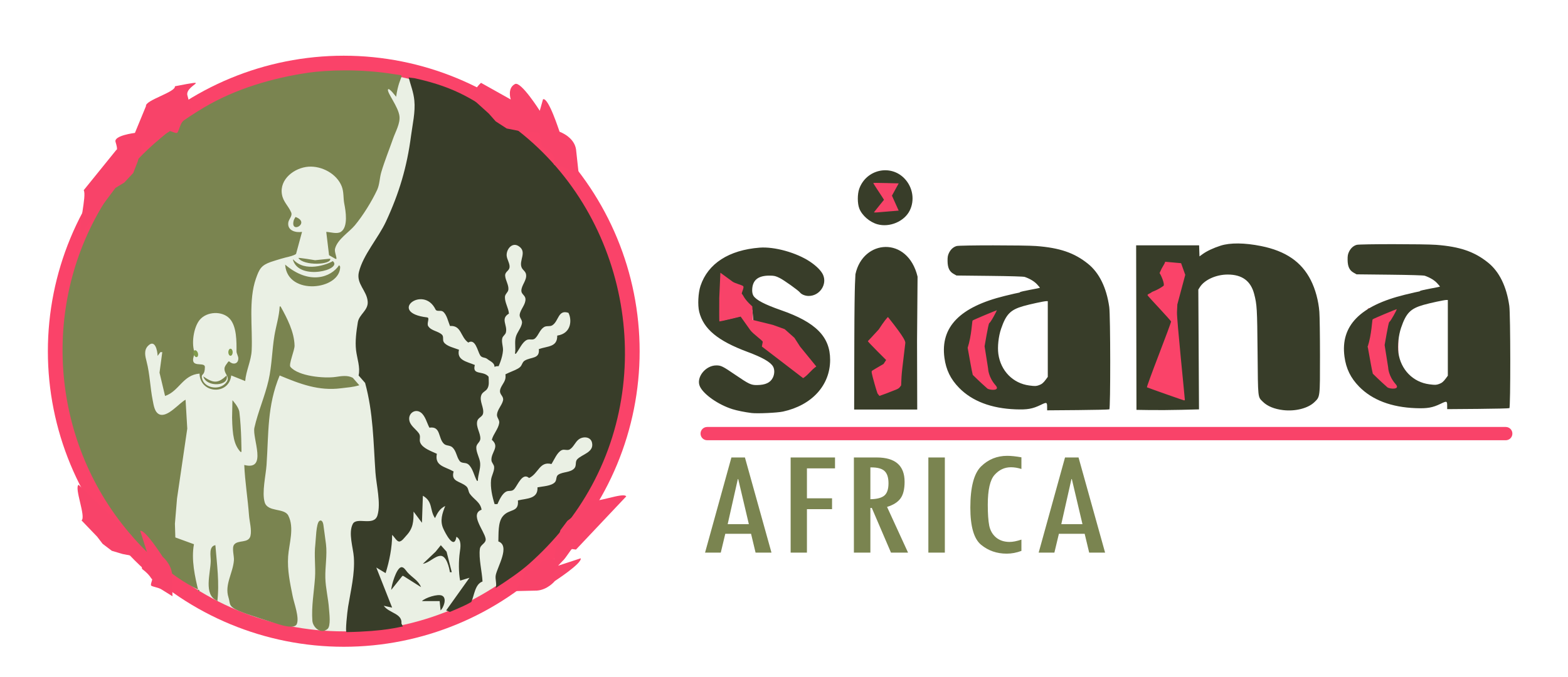 Siana Africa logo with white background. A circular visual logo and the name ‘siana Africa’ alongside it. The circular logo is the cross section of a dragon fruit and features a woman with her left hand fully raised. She is holding the hand of a little girl who has her right hand slightly raised. The outline from the woman's hand to feet mimic a river flow. An olive-green background is behind the woman and girl and to their left there is a dragon fruit and cactus image on dark green background.